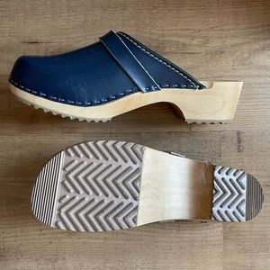 Navy blue wooden clogs